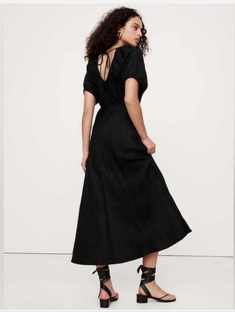 Banana Republic Black Maxi Dress with V-Back Tie and Puff Sleeves